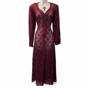 All that Jazz Burgundy Sheer Lace Maxi Dress with Long Sleeves.